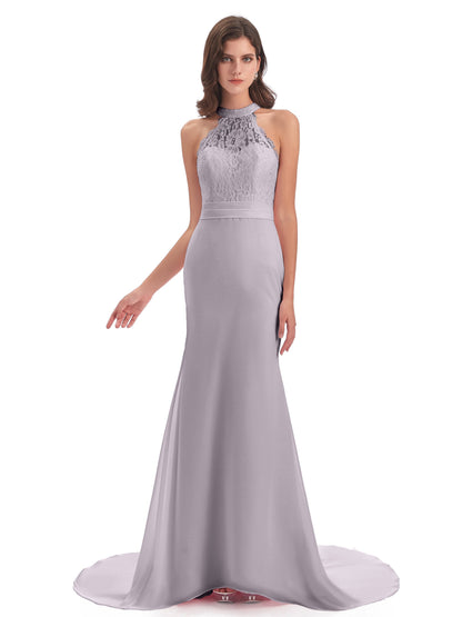 Jenny Court Train Halter Lace Bridesmaid Dresses