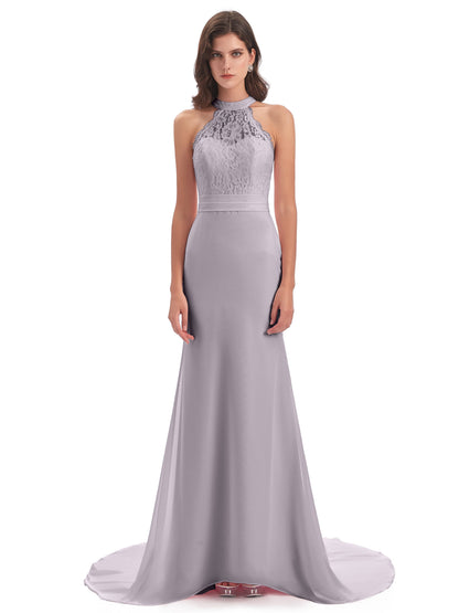 Jenny Court Train Halter Lace Bridesmaid Dresses