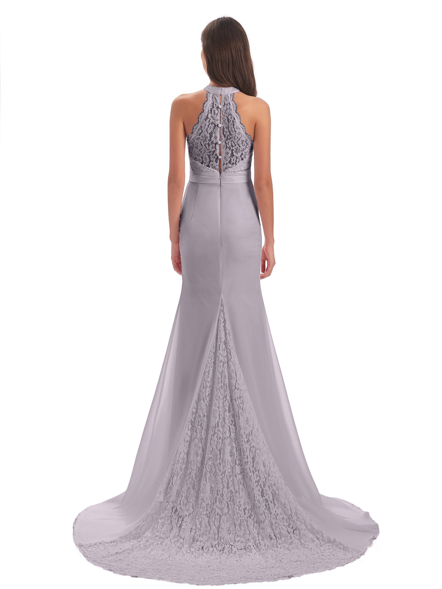 Jenny Court Train Halter Lace Bridesmaid Dresses