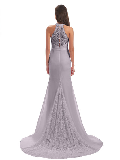 Jenny Court Train Halter Lace Bridesmaid Dresses
