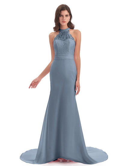 Jenny Court Train Halter Lace Bridesmaid Dresses