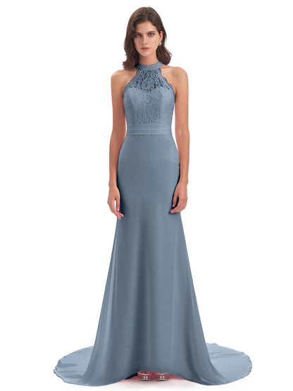 Jenny Court Train Halter Lace Bridesmaid Dresses
