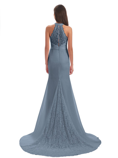 Jenny Court Train Halter Lace Bridesmaid Dresses