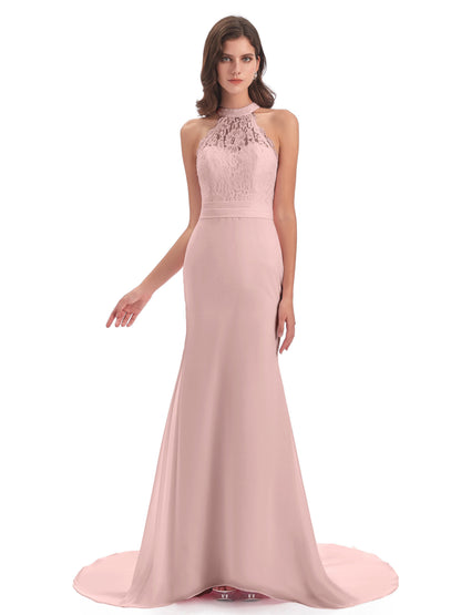Jenny Court Train Halter Lace Bridesmaid Dresses
