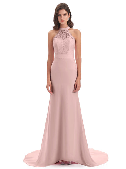 Jenny Court Train Halter Lace Bridesmaid Dresses