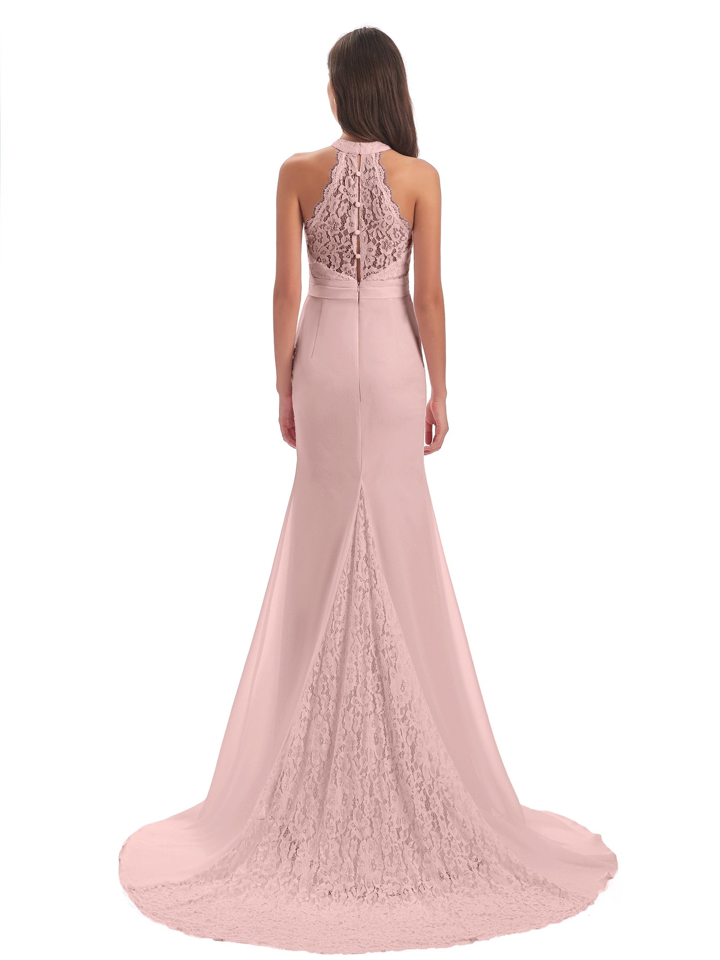 Jenny Court Train Halter Lace Bridesmaid Dresses