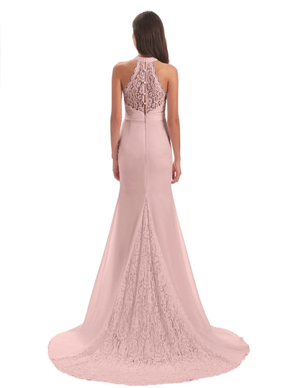 Jenny Court Train Halter Lace Bridesmaid Dresses
