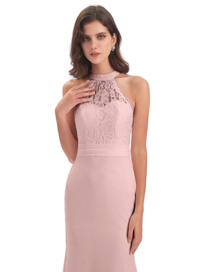 Jenny Court Train Halter Lace Bridesmaid Dresses