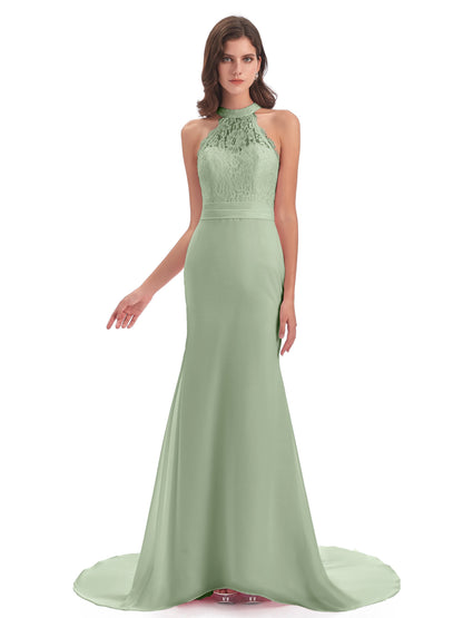 Jenny Court Train Halter Lace Bridesmaid Dresses