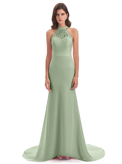 Jenny Court Train Halter Lace Bridesmaid Dresses