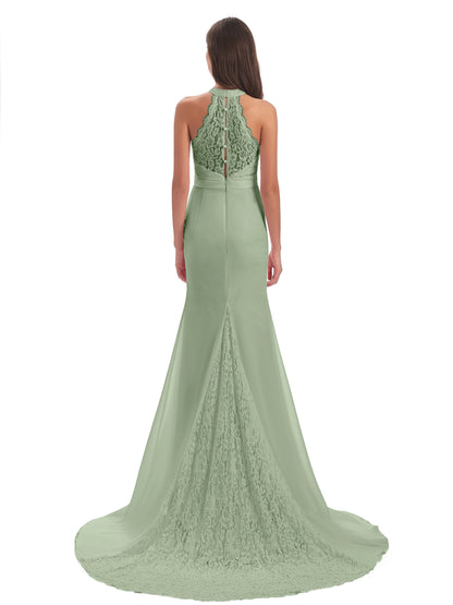 Jenny Court Train Halter Lace Bridesmaid Dresses