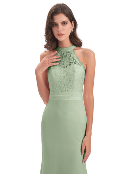 Jenny Court Train Halter Lace Bridesmaid Dresses