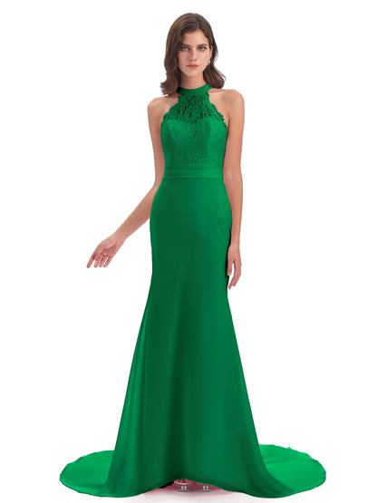 Jenny Court Train Halter Lace Bridesmaid Dresses
