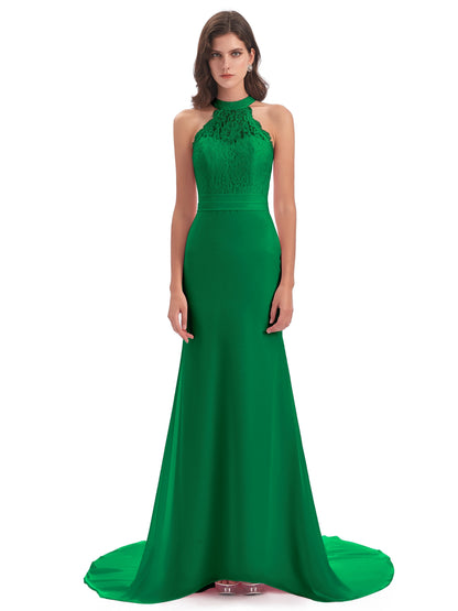 Jenny Court Train Halter Lace Bridesmaid Dresses