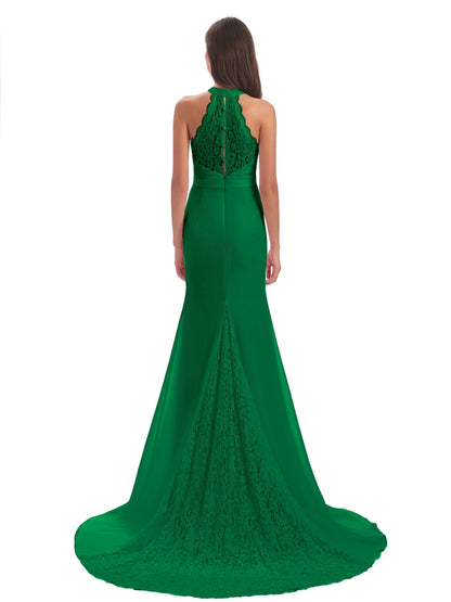Jenny Court Train Halter Lace Bridesmaid Dresses