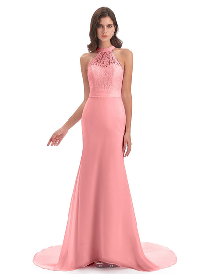 Jenny Court Train Halter Lace Bridesmaid Dresses