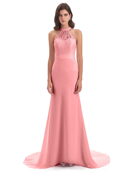 Jenny Court Train Halter Lace Bridesmaid Dresses