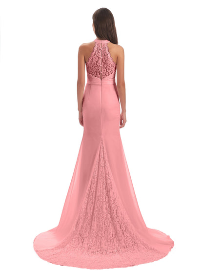 Jenny Court Train Halter Lace Bridesmaid Dresses