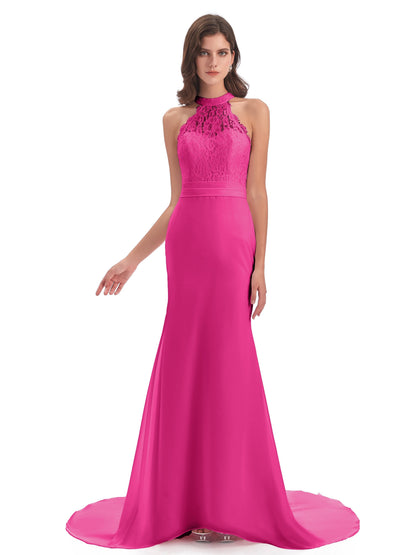 Jenny Court Train Halter Lace Bridesmaid Dresses