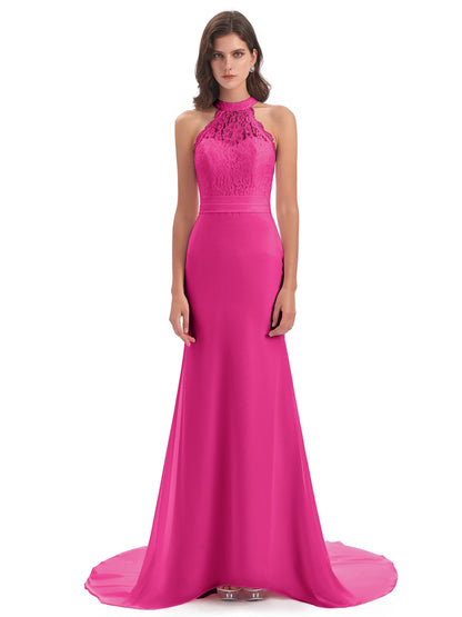 Jenny Court Train Halter Lace Bridesmaid Dresses