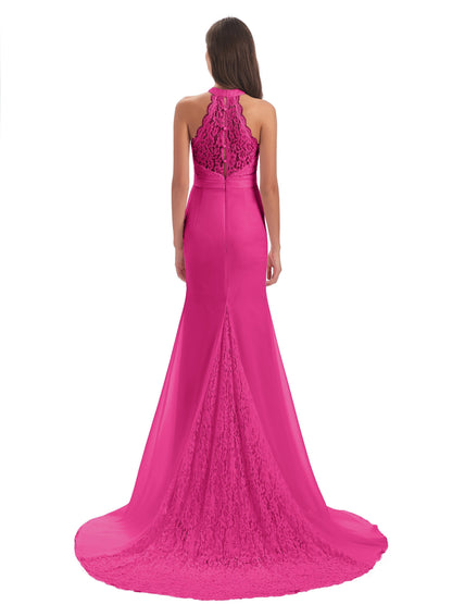 Jenny Court Train Halter Lace Bridesmaid Dresses