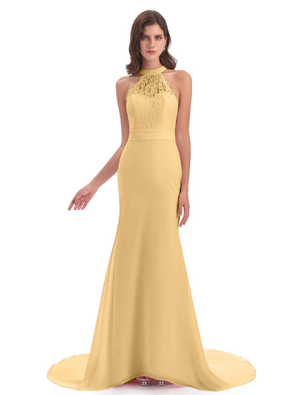 Jenny Court Train Halter Lace Bridesmaid Dresses