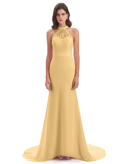 Jenny Court Train Halter Lace Bridesmaid Dresses