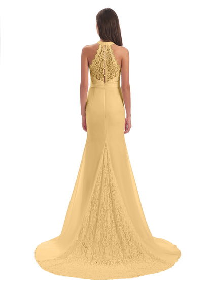 Jenny Court Train Halter Lace Bridesmaid Dresses
