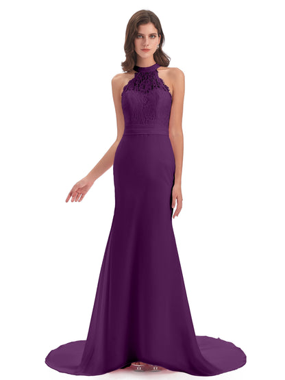 Jenny Court Train Halter Lace Bridesmaid Dresses