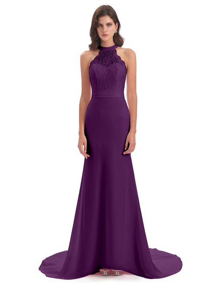 Jenny Court Train Halter Lace Bridesmaid Dresses