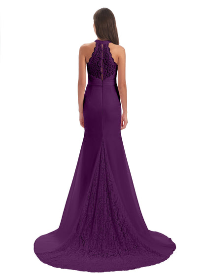 Jenny Court Train Halter Lace Bridesmaid Dresses