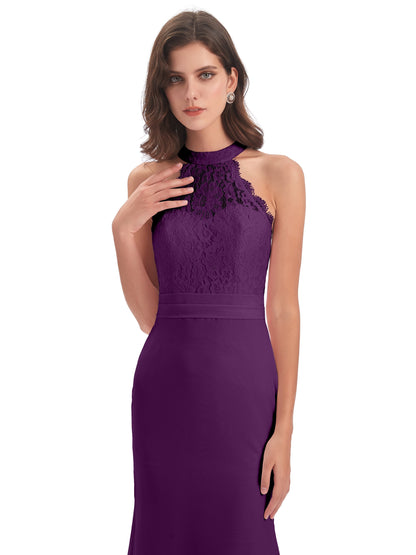 Jenny Court Train Halter Lace Bridesmaid Dresses