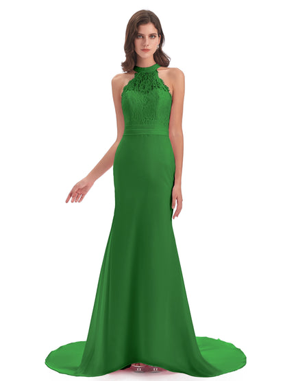 Jenny Court Train Halter Lace Bridesmaid Dresses
