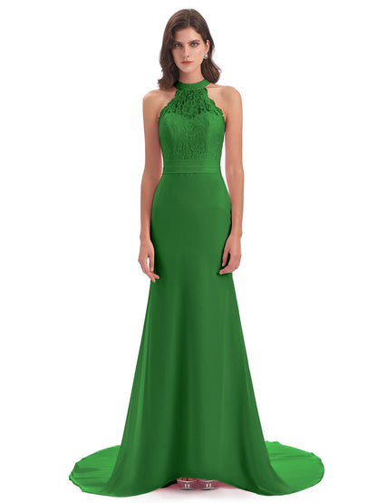 Jenny Court Train Halter Lace Bridesmaid Dresses