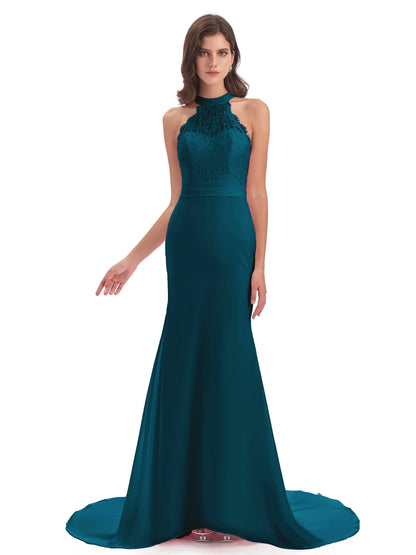 Jenny Court Train Halter Lace Bridesmaid Dresses