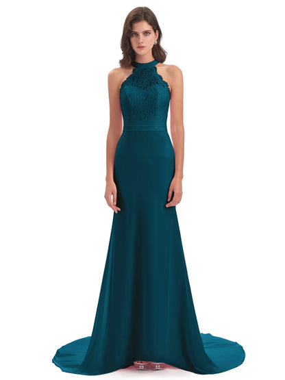 Jenny Court Train Halter Lace Bridesmaid Dresses