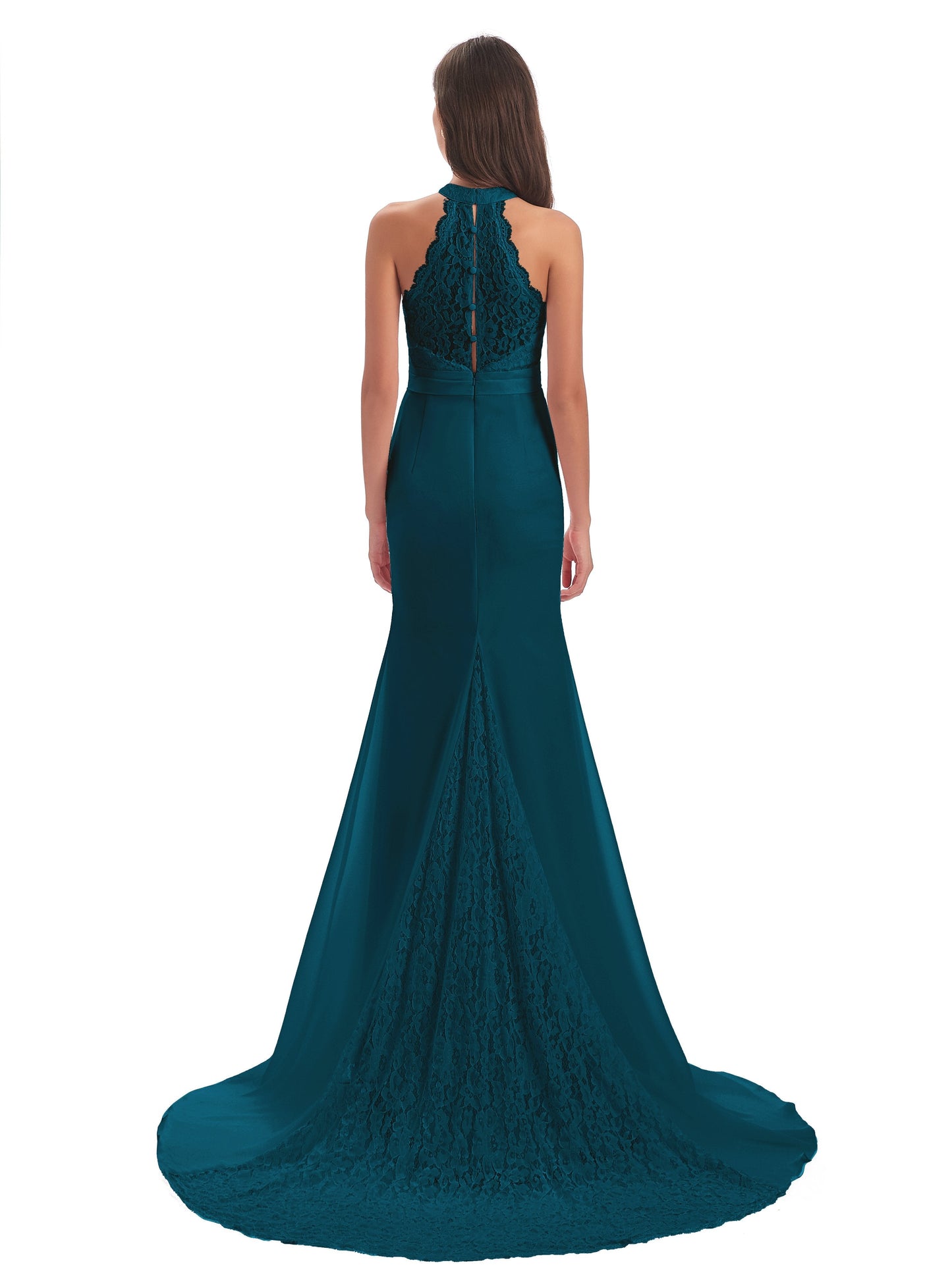 Jenny Court Train Halter Lace Bridesmaid Dresses