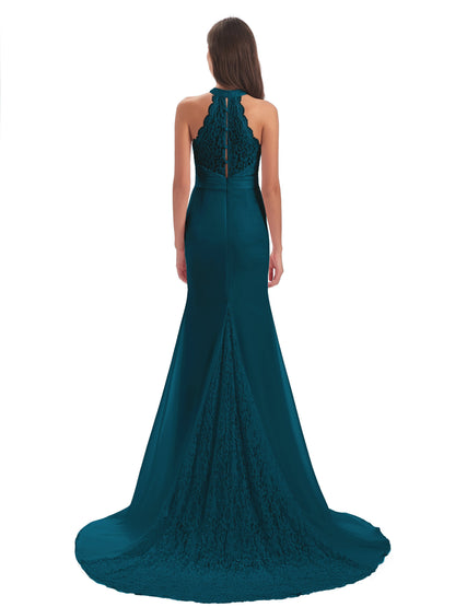 Jenny Court Train Halter Lace Bridesmaid Dresses