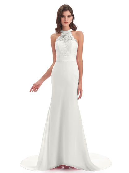 Jenny Court Train Halter Lace Bridesmaid Dresses