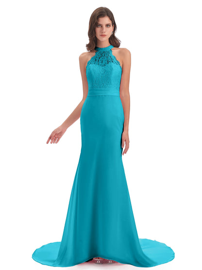 Jenny Court Train Halter Lace Bridesmaid Dresses