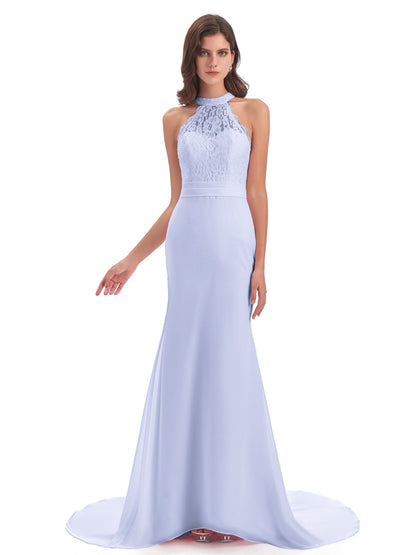 Jenny Court Train Halter Lace Bridesmaid Dresses