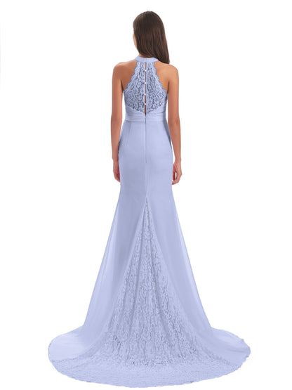 Jenny Court Train Halter Lace Bridesmaid Dresses
