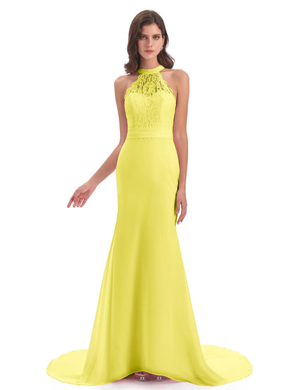 Jenny Court Train Halter Lace Bridesmaid Dresses