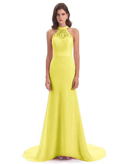 Jenny Court Train Halter Lace Bridesmaid Dresses