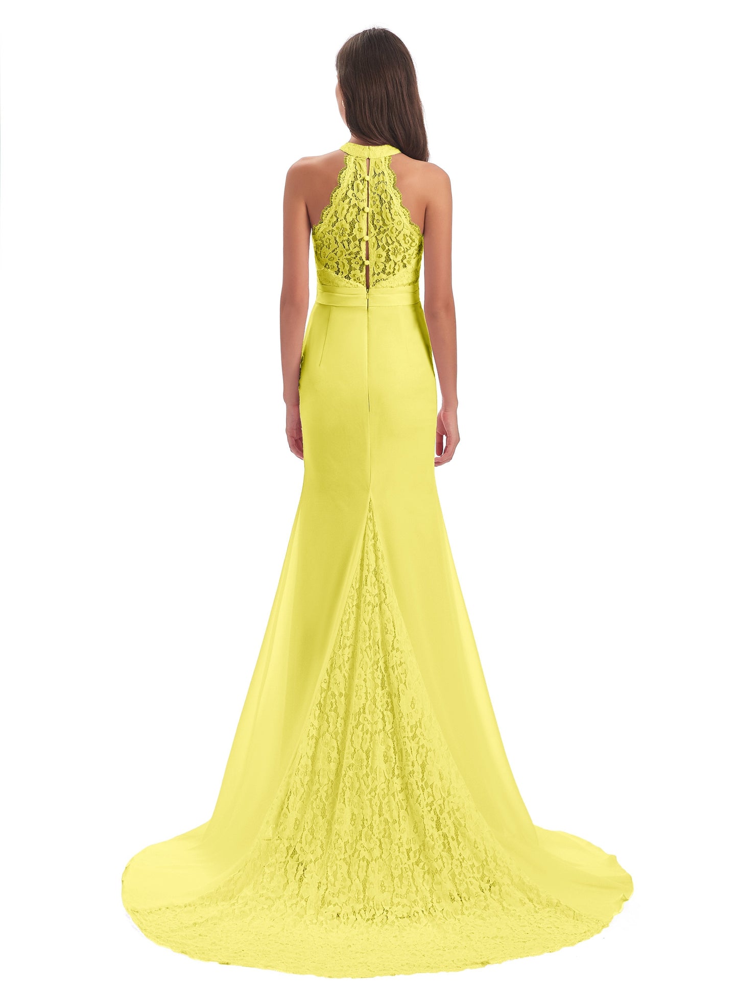 Jenny Court Train Halter Lace Bridesmaid Dresses