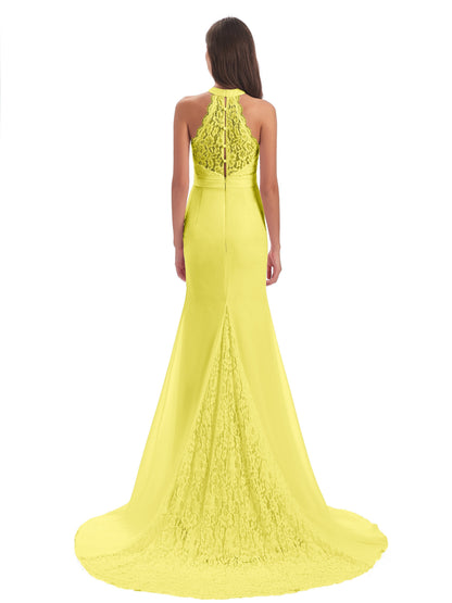 Jenny Court Train Halter Lace Bridesmaid Dresses