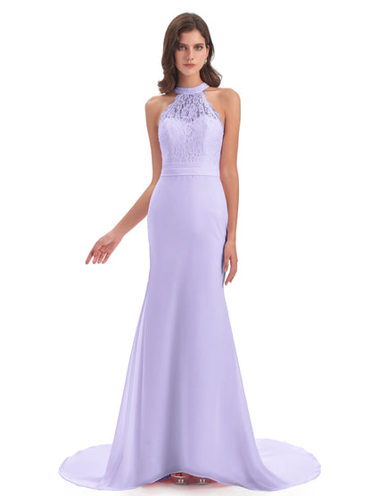 Jenny Court Train Halter Lace Bridesmaid Dresses