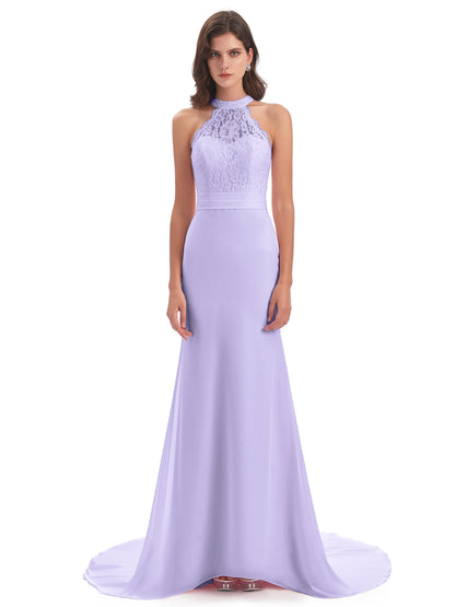 Jenny Court Train Halter Lace Bridesmaid Dresses