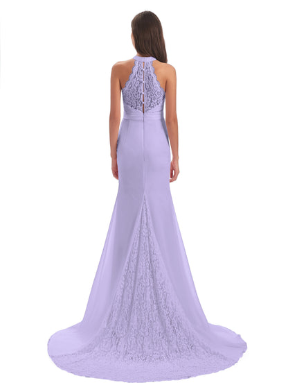 Jenny Court Train Halter Lace Bridesmaid Dresses