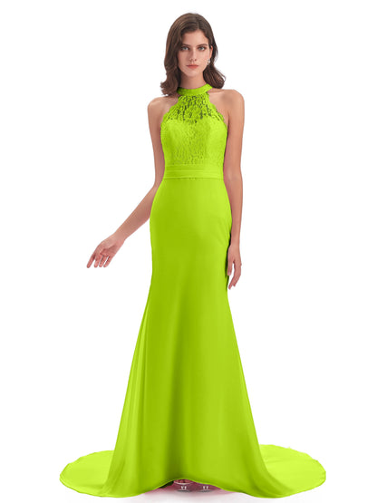 Jenny Court Train Halter Lace Bridesmaid Dresses